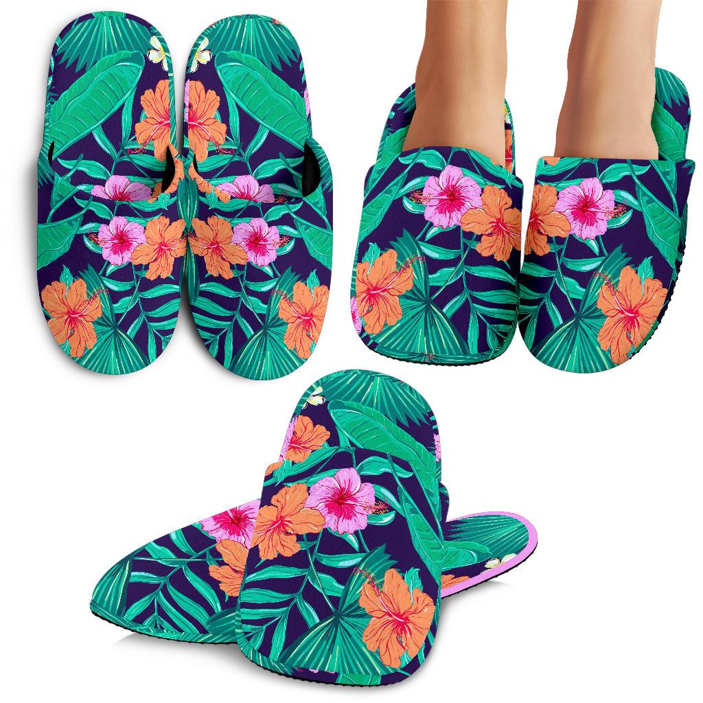 Teal Hawaii Leaf Flower Pattern Print Slippers Ha94236