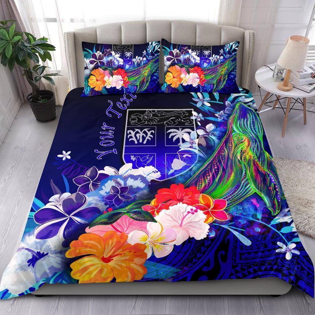 Alohawaii Bedding Set – Cover And Pillow Cases Fiji Custom Personalised – Humpback Whale With Tropical Flowers (Blue)- Bn18