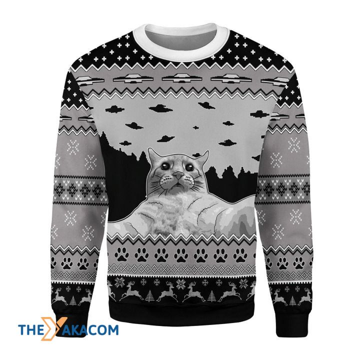 Black And White Christmas Pattern And Cat With Ufo Gift For Christmas Ugly Christmas Sweater