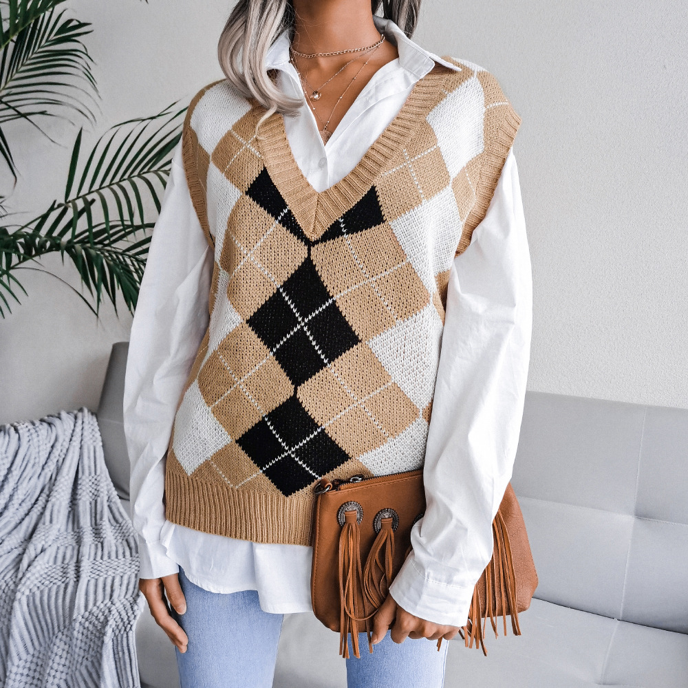 women knitted sweater vest pullover 2021 autumn new college style loose V-neck elegant fashion casual diamond vest sweaters alx