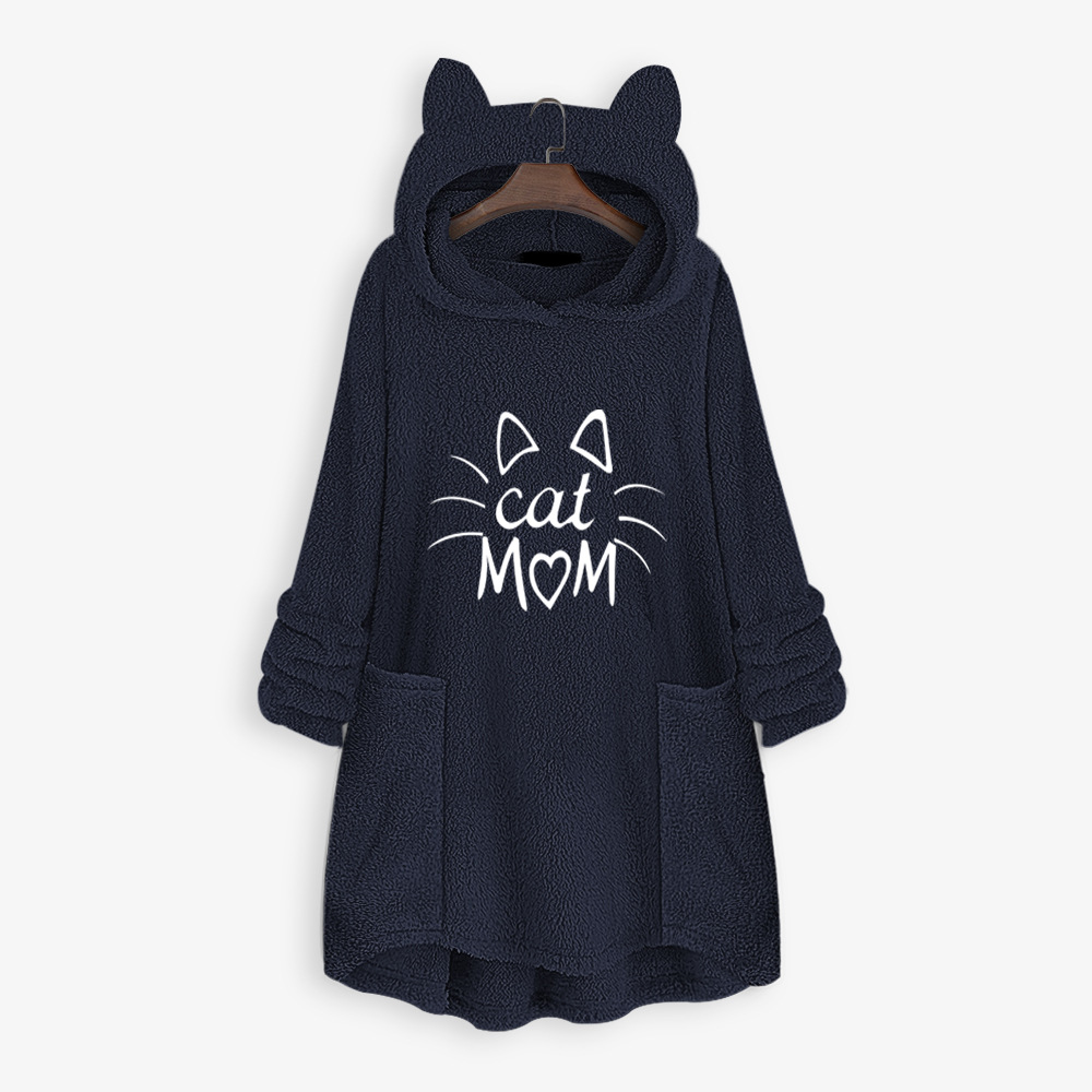 Warm Women’s Fleece Hoodies Cat Mom Letter Embroidered Fashion Double-sided Loose Fit Hooded Sweatshirt Pullover Sweaters Pink alx