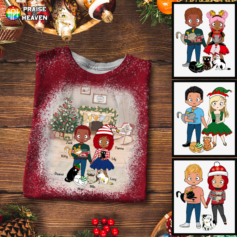 Christmas Couple Chibi And Cats Personalized Bleached Shirt Sweatshirt Hoodie Ap386