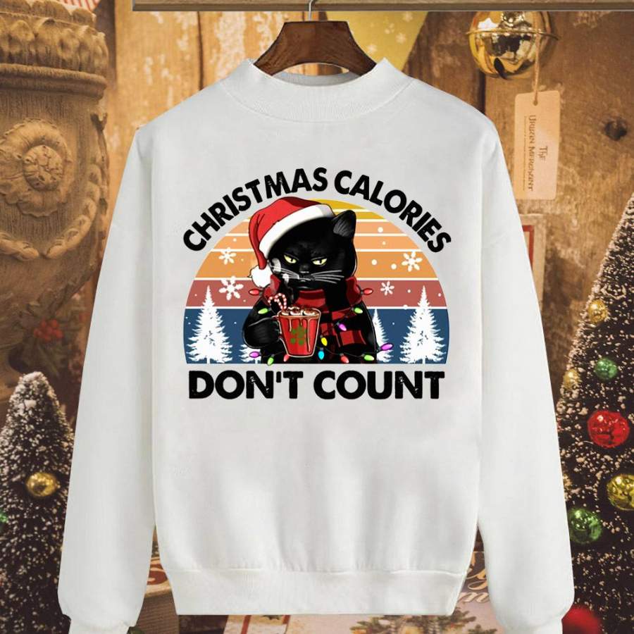 Black cat christmas calories cocoa candy cane light retro vintage sunset santa hat white sweatshirt for men and women S-5XL