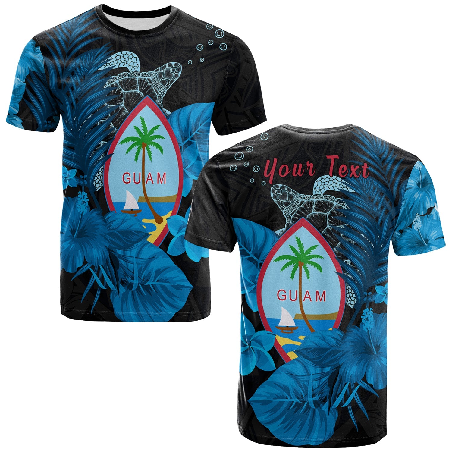 (Custom Personalised) Guam Seal T Shirt Polynesian Turtle With Flowers Version Blue Lt13