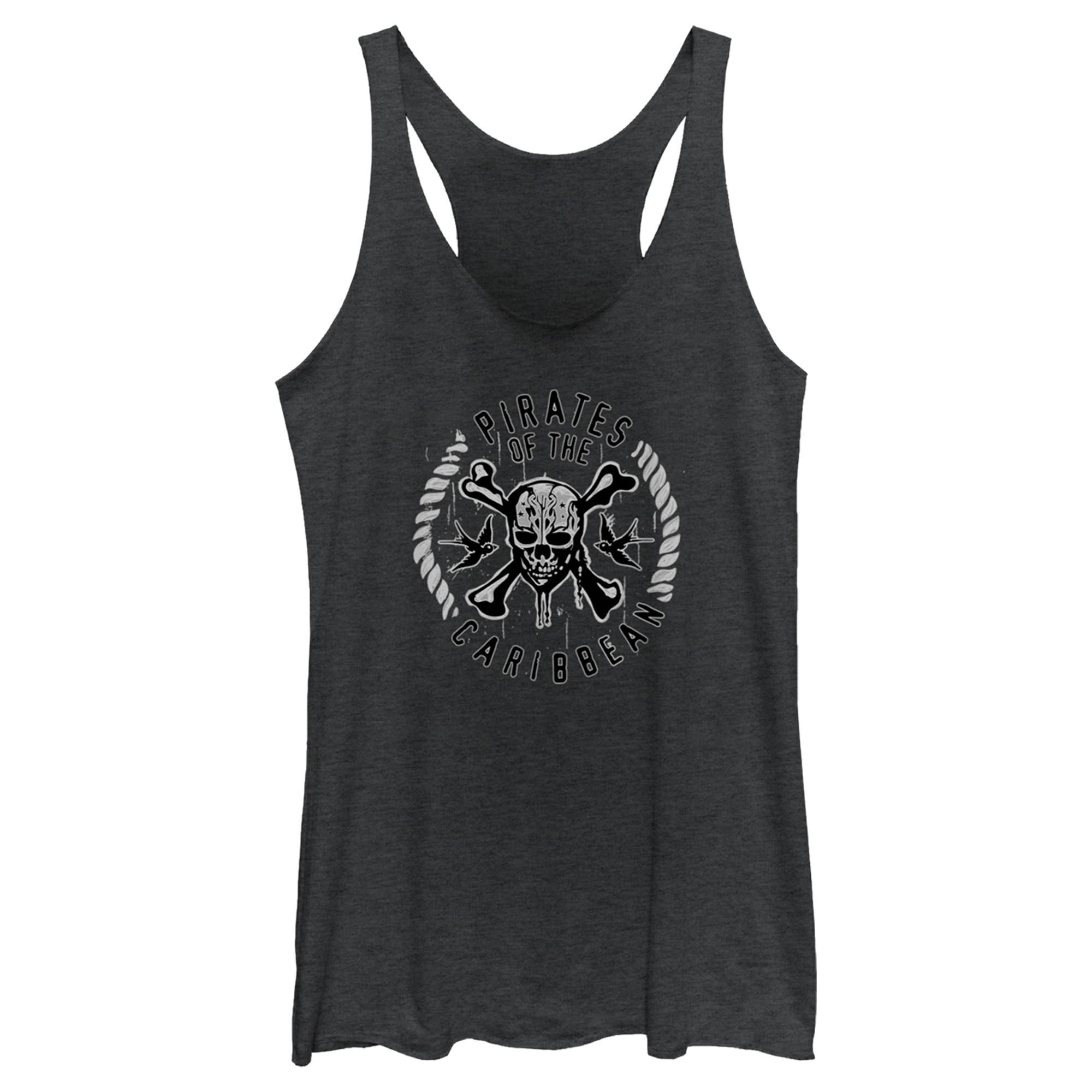 Women’S Pirates Of The Caribbean: Curse Of The Black Pearl Black And White Rope Skull Logo Racerback Tank Top