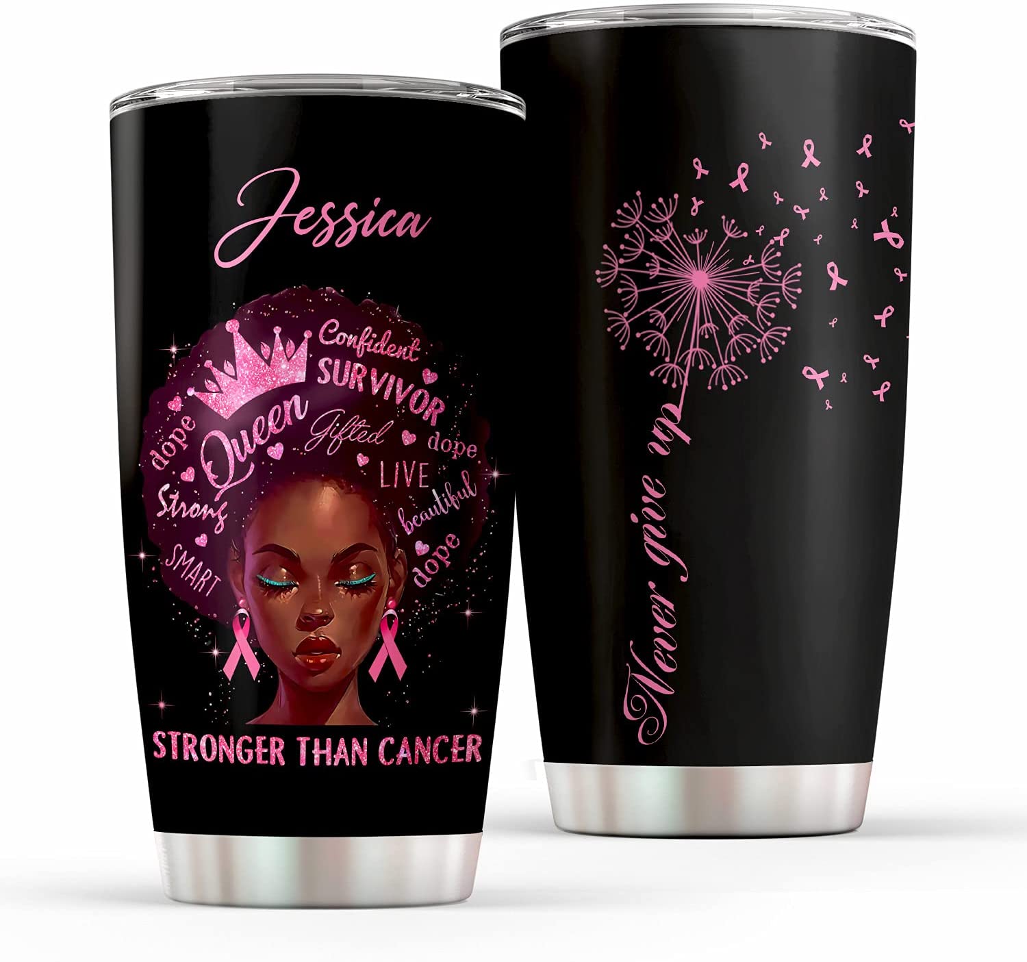 Black Women Breast Cancer Awareness, Strong Black Queen Never Give Up Personalized Stainless Steel Tumbler For Women Wife Mom