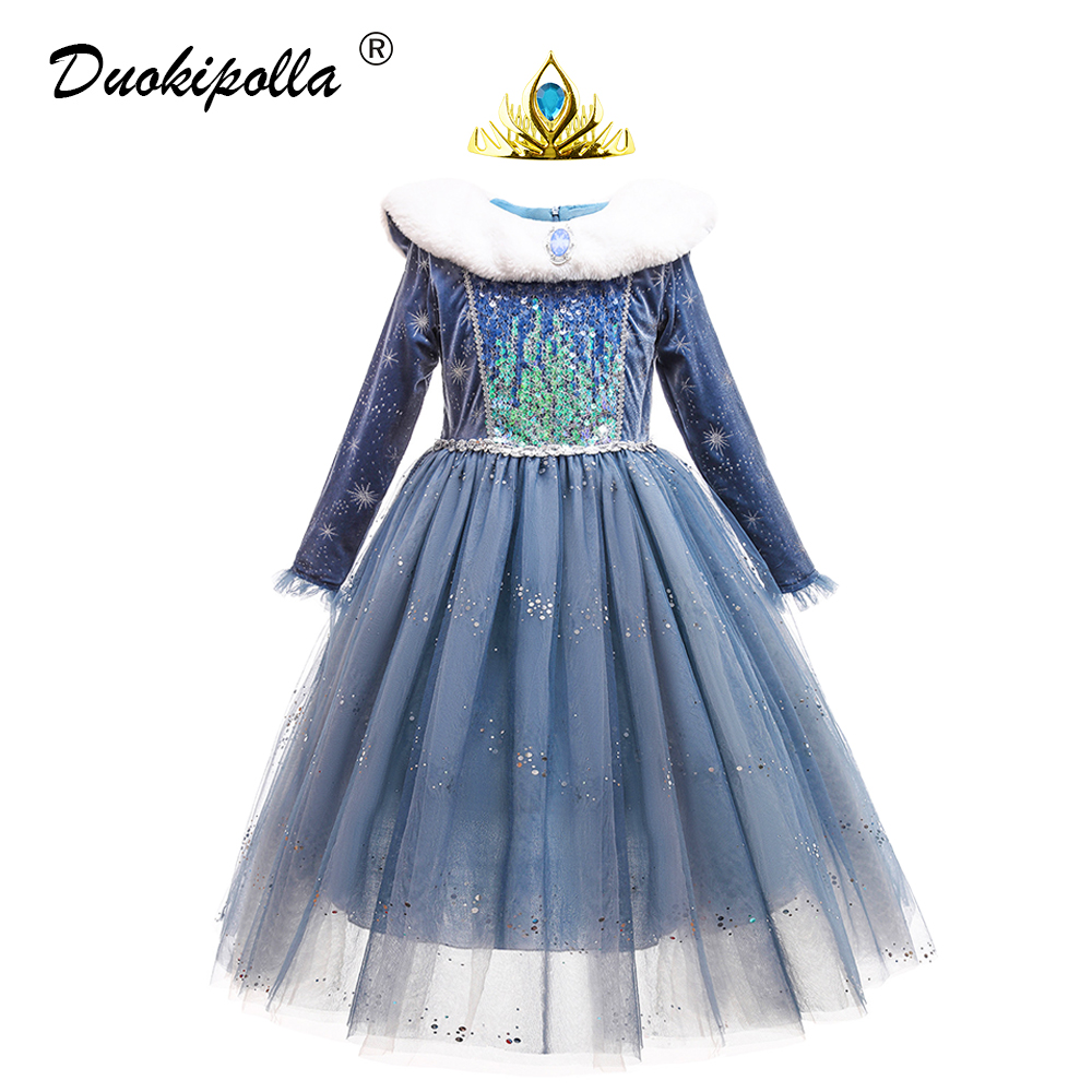 Snow Queen Elsa Dress Girls Winter Halloween Party Child Cinderella Costume Toddler Kids Fur Collar Velvet Long Sleeve Dresses alx