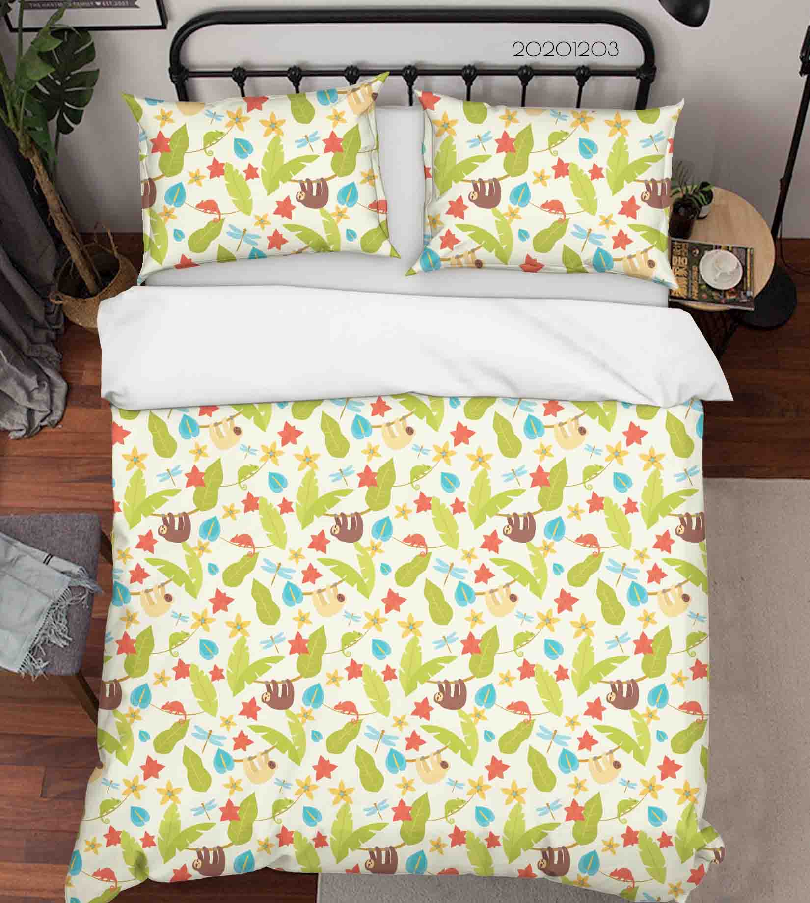 3D Cartoon Hand Drawn Colorful Sloth Animal Green Plant Maple Leaf Pattern Quilt Cover Set Bedding Set Duvet Cover Pillowcases Lxl