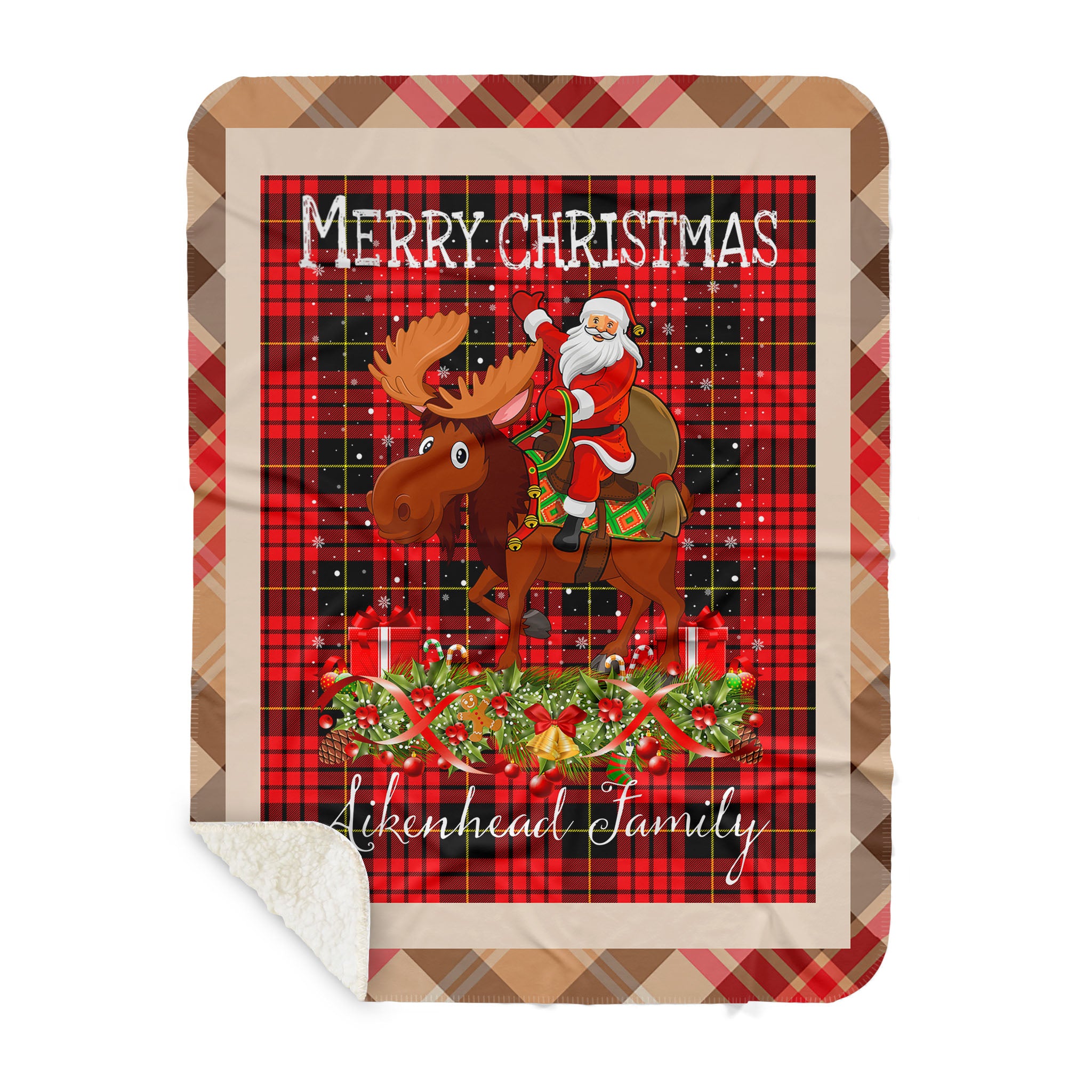 Sherpa Blanket – Personalized Gift Plaid Tartan Blanket Clan Aikenhead With Moose Lover Xmas Gift Santa Riding Buffalo Plaid Christmas Blanket