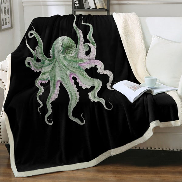 Watercolor Green Octopus Ocean Animal Cozy Soft Sherpa Blanket