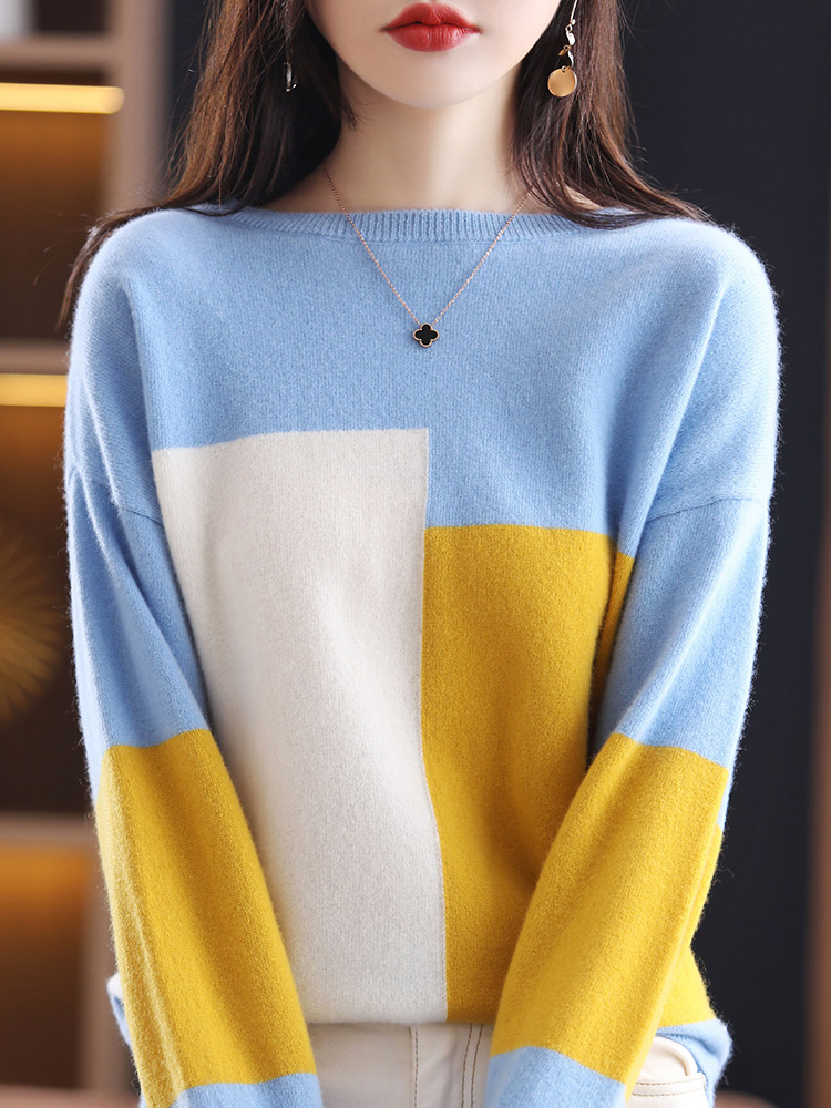 BELIARST 100% Merino Wool Sweater Women Crew Neck Pullover Casual Knit Colorblock Tops Spring Autumn Fashion Cashmere Sweater alx