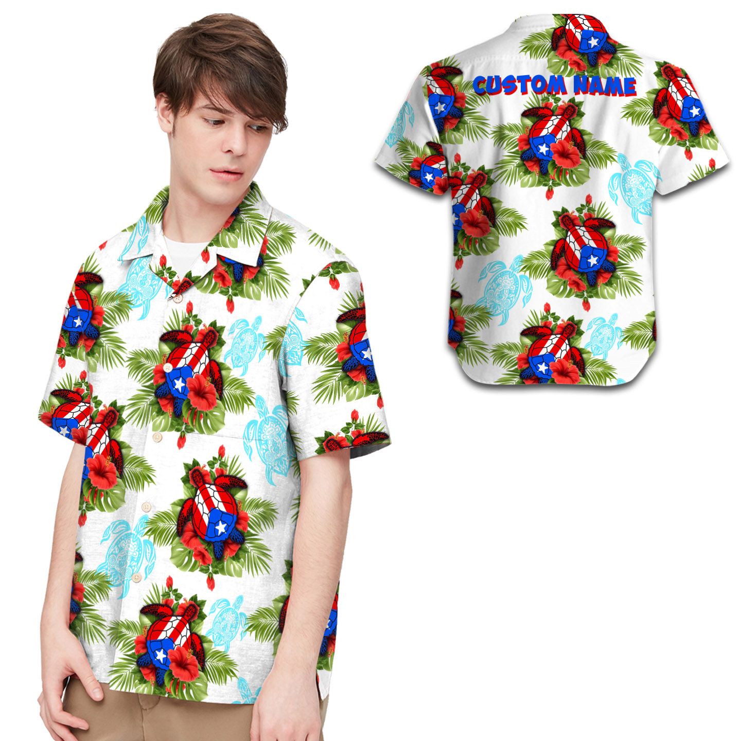 Turtle Puerto Rico Flag Hibiscus Custom Name Men Hawaiian Shirt For Puerto Ricans