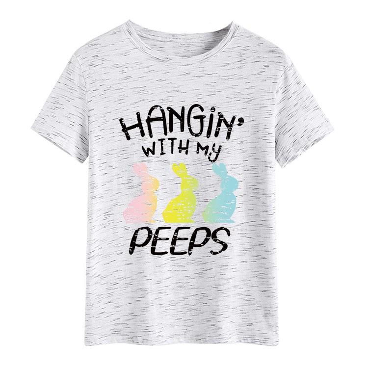 Women’S Easter Bunny Hangin With My Peeps Print Short Sleeve Crew Neck T-Shirt