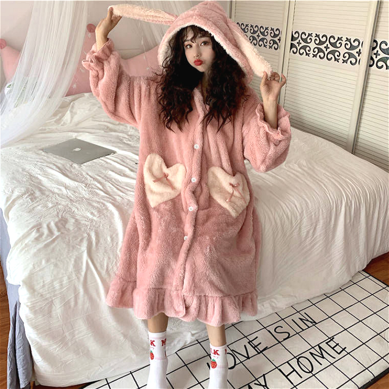 Nightgowns Women Winter Thick Coral Velvet Kawaii Rabbit Ears Pocket Girls Homewear Korean Fashion Femme Sleepshirts Nightdress alx