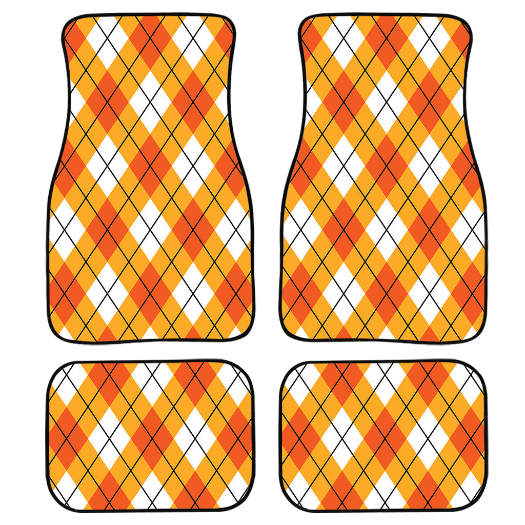 Orange And White Argyle Pattern Print Front And Back Car Floor Mats, Front Car Mat