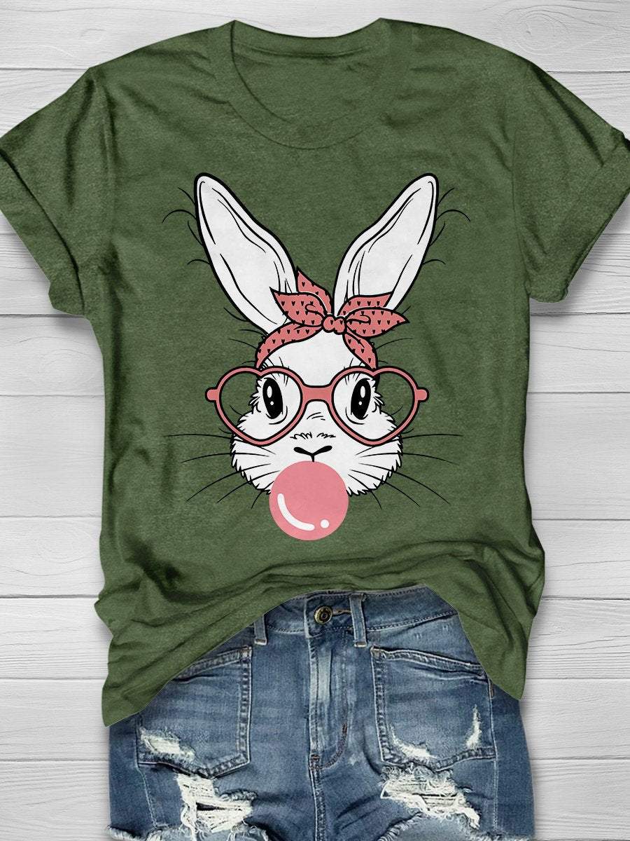 Cute Bunny Rabbit With Bandana Glasses Bubblegum Print Short Sleeve T-Shirt