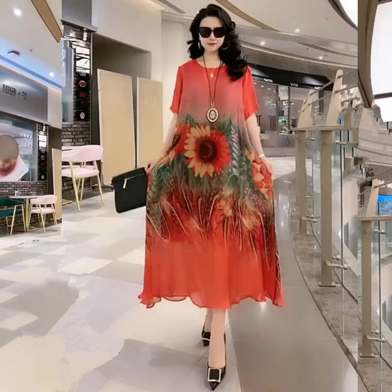 2022 New Summer Bohemian Dress Female Fashion Loose Wide Lady Mulberry Silk Dress Women Round Neck Print Pullover Long Dress alx