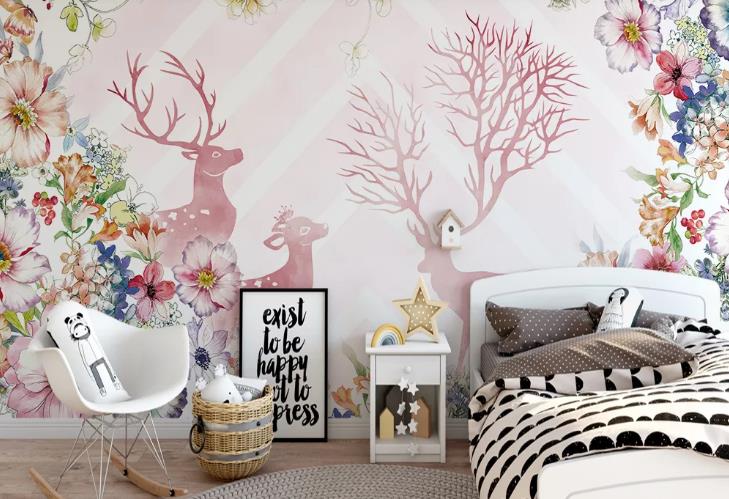 3D Hand Drawn Floral Animal Elk Wall Mural Wallpaper Lqh 204