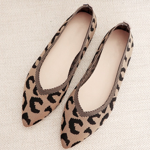 Breathable Leopard Knitted Ballet Flat Shoes