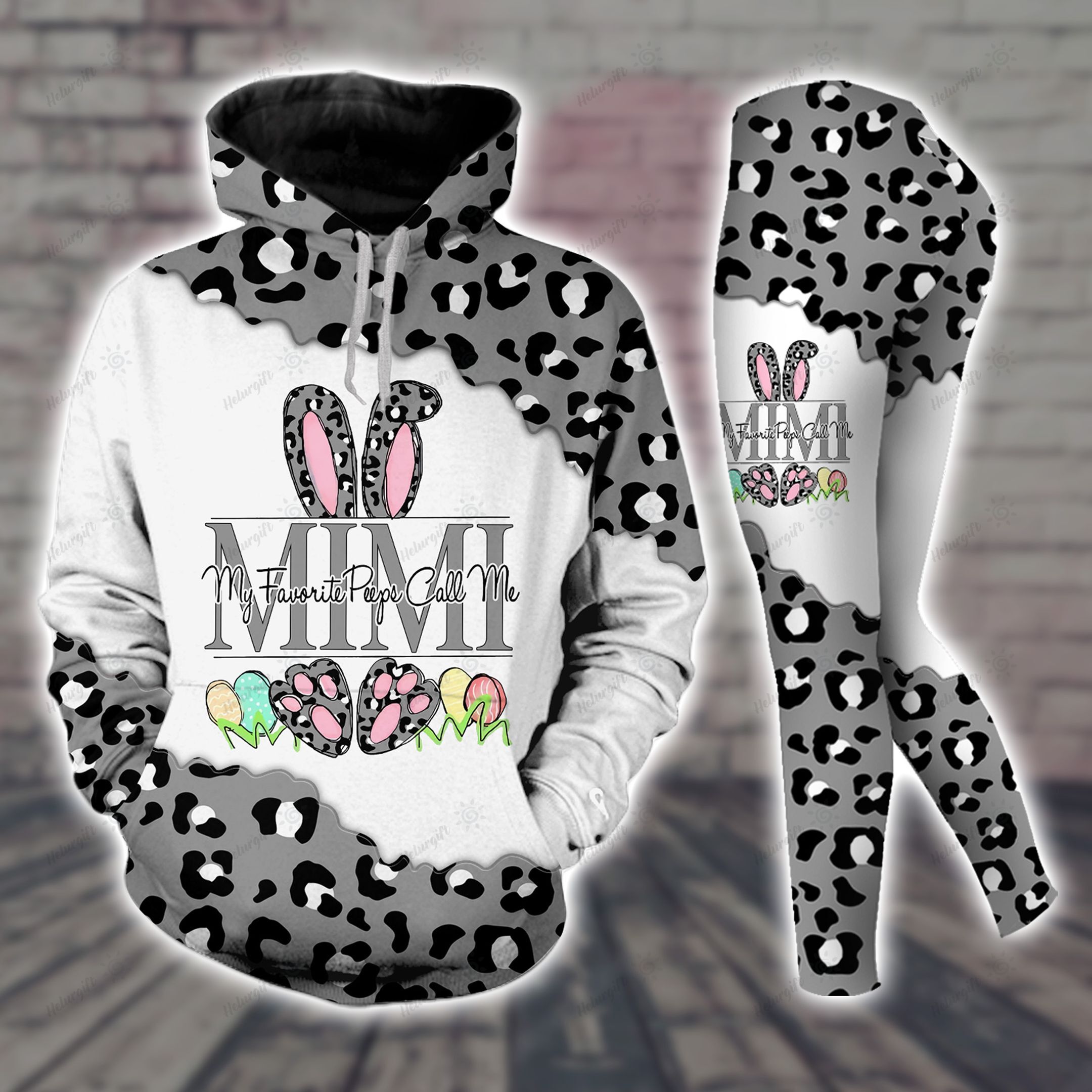 Gray Bunny Easter Leopard Hoodie Set Mimi