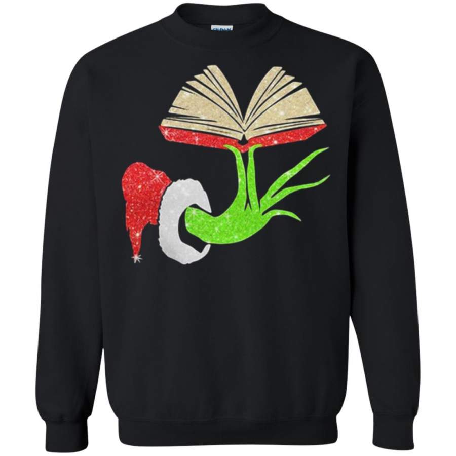 Christmas Grinch Hand Holding A Book Sweater Sweatshirt T-Shirt