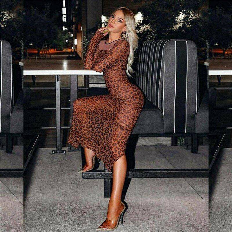 Sexy  Long Sleeve Slim Bodycon  Leopard Jumper Midi Dress