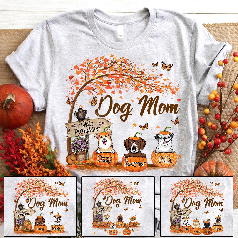 Personalized Dog Mom Shirt, Dog Mom Little Pumpkin Autumn Halloween Shirt, Custom Dog Breed And Dog Name Shirt