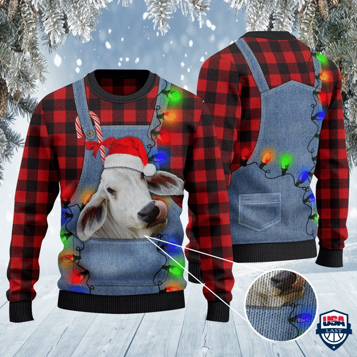 Brahman Cattle Lovers Red Plaid Ugly Christmas Sweater, All Over Print Sweatshirt