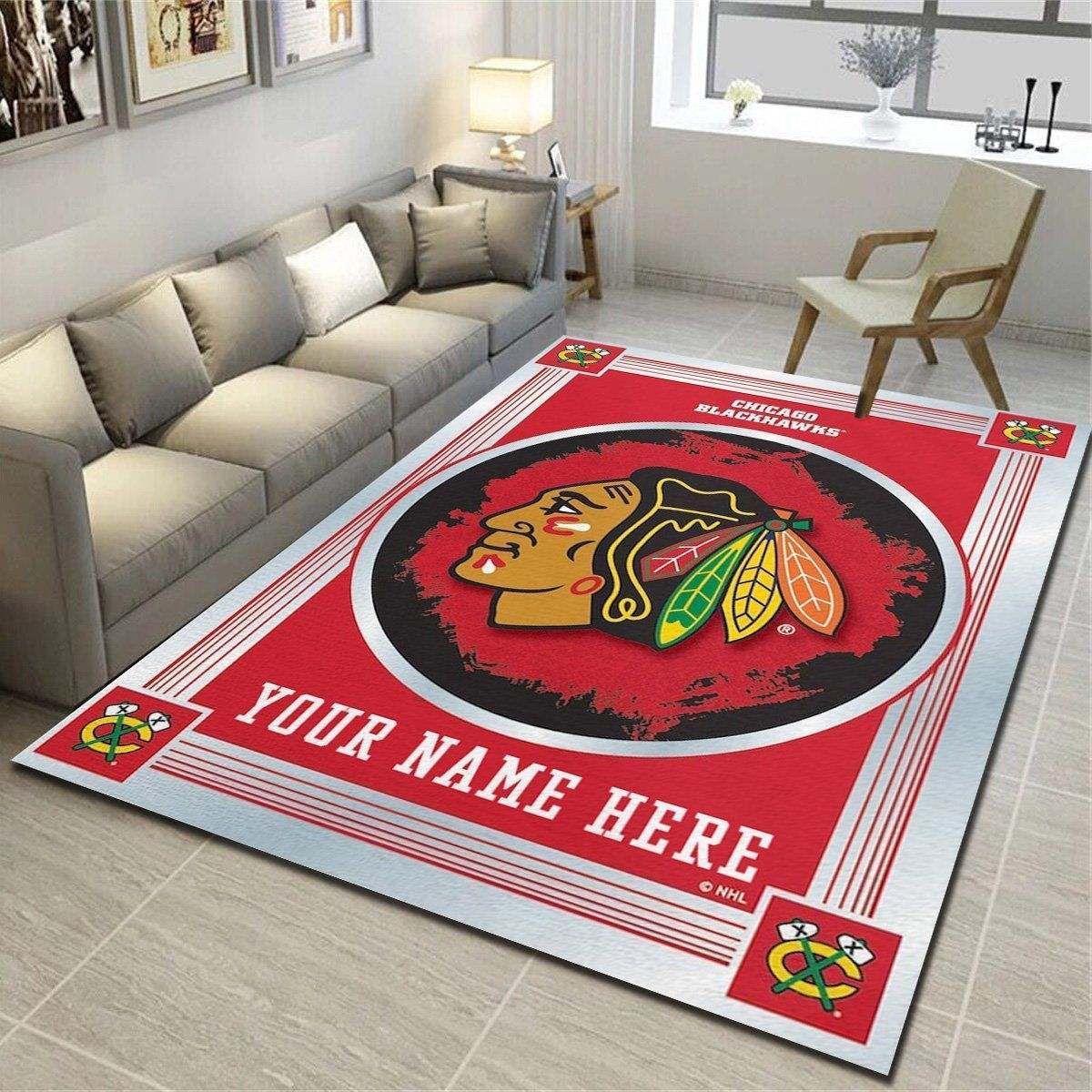 Chicago Blackhawks Personalized Rug, Team Living Room Bedroom Carpet, Customized Floor Decor