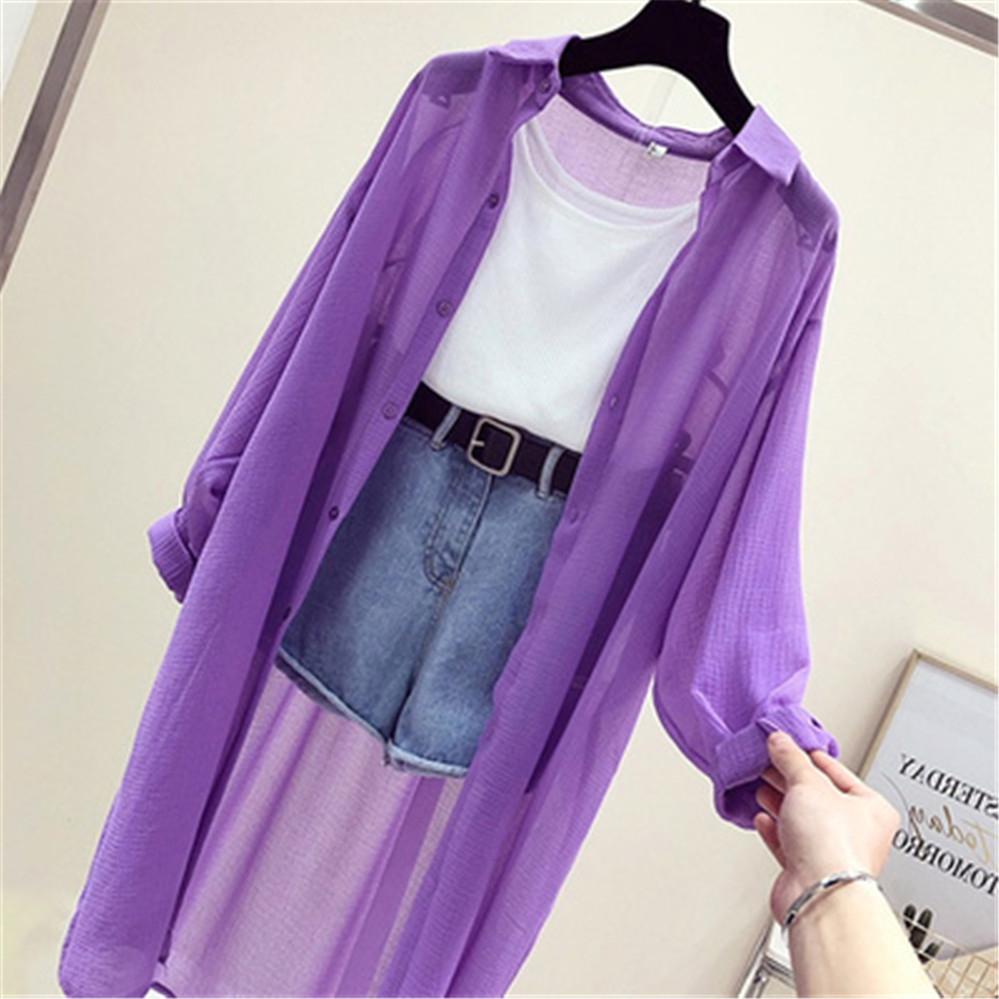 2022 Summer See Through Blouses Women Turn-down Collar Loose Tops Blouses Chiffon Kimono Cardigans Black White Shirts alx