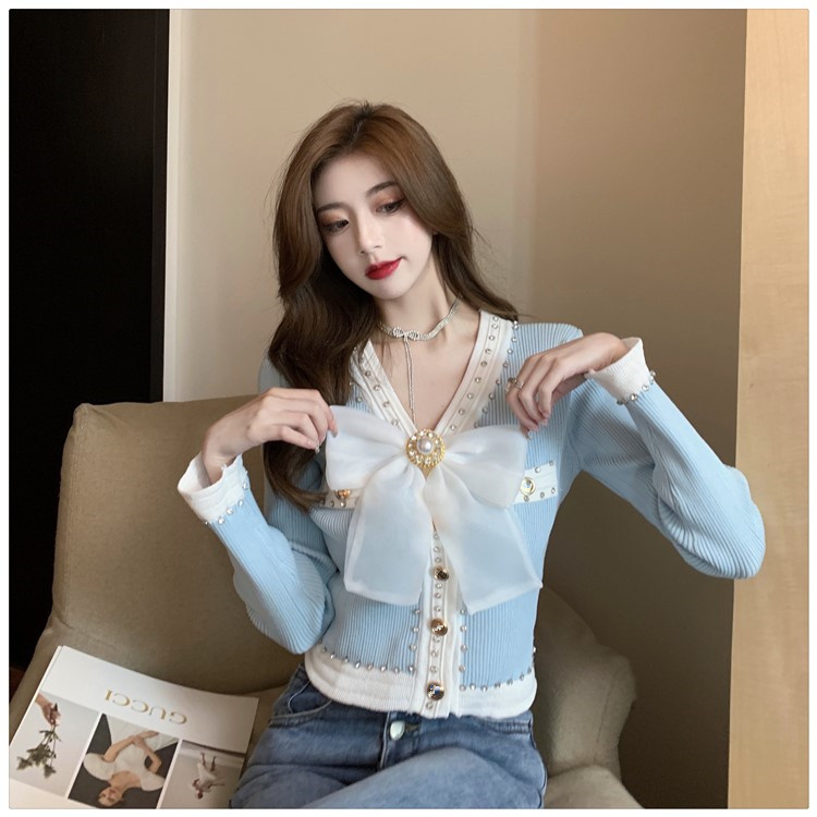 Top Women 2022 Knit Femme Korean Fashion Women V-Neck Long Sleeve Luxury Beading Decoration Bow Tie Knitting Cardigan Sweater alx