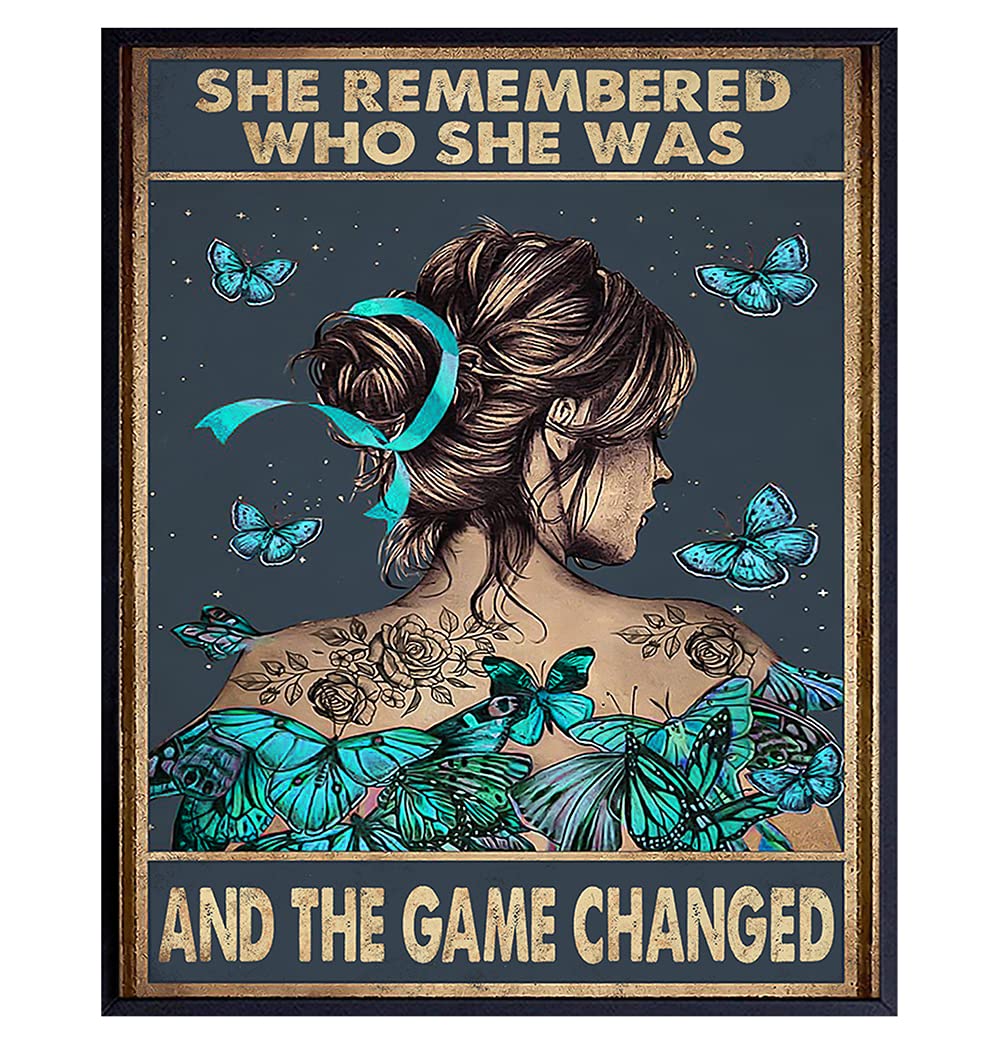 She Remembered Who She Was And The Game Changed – Positive Quotes Wall Decor – Uplifting Inspirational Encouragement Gifts For Women, Teen Girls Motivational Wall Art Tiffany Blue Boho Decoration