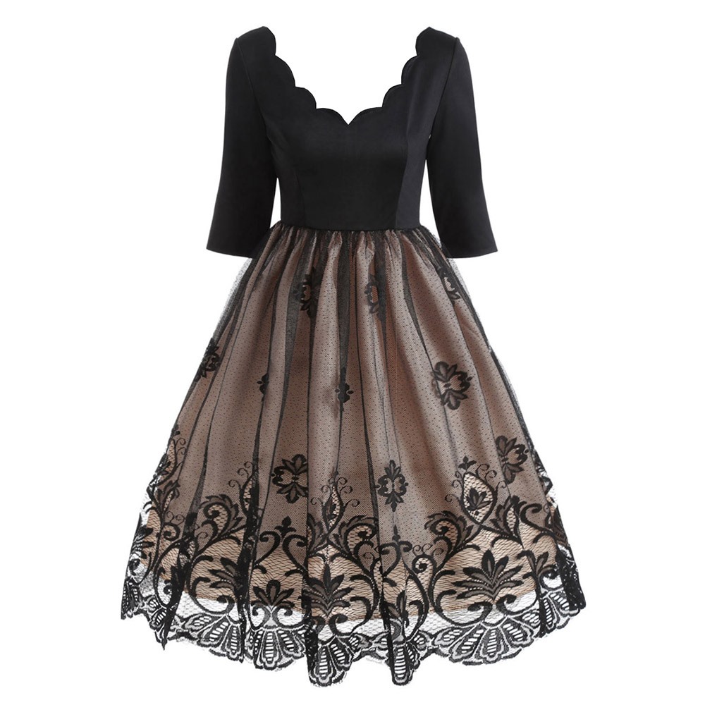 Women Vintage Dress Lace Elegant Casual Large Size 5XL Floral Mesh Hollow Female Black Retro Plus Size Rockabilly Party Dresses alx