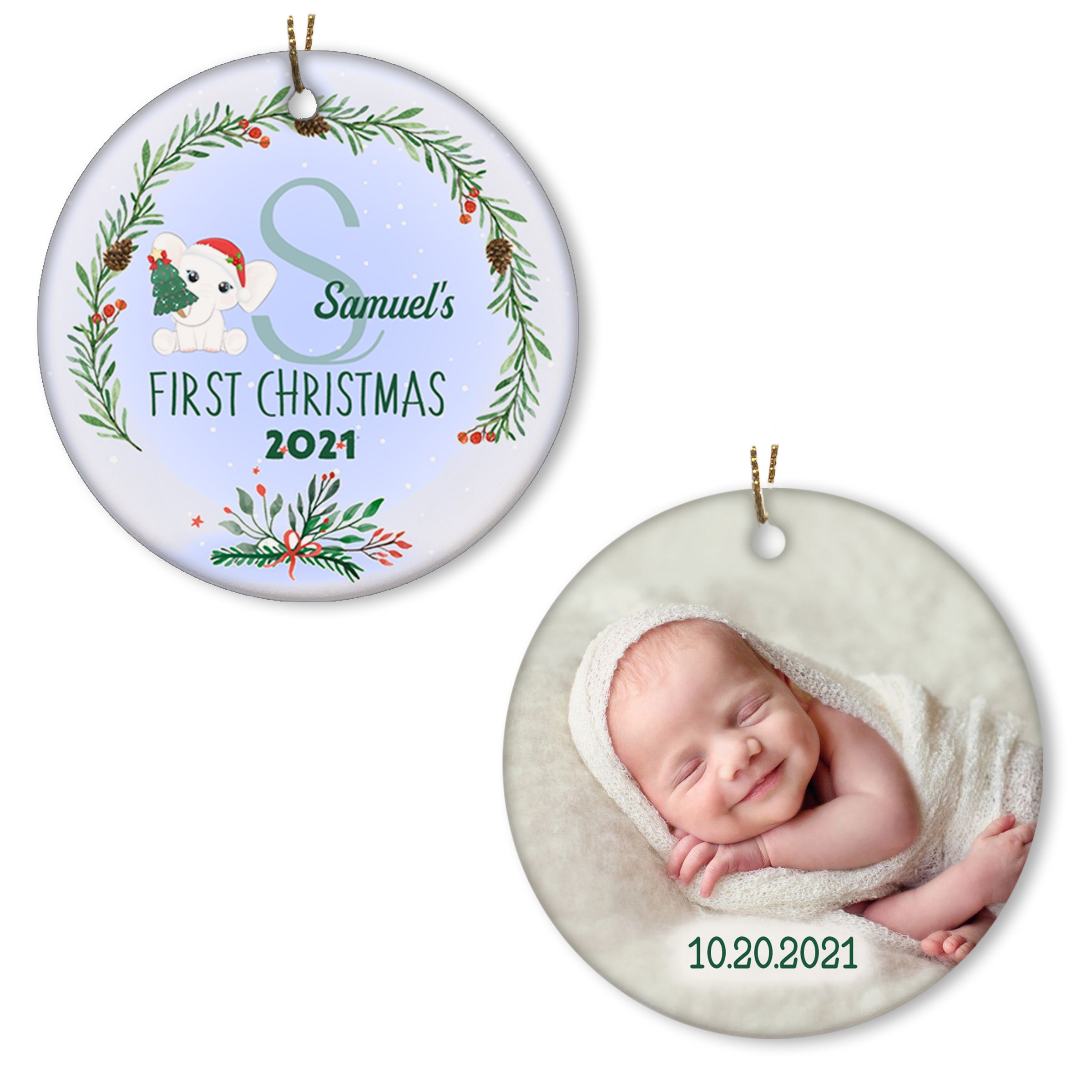 Baby’S First Christmas Ornament, Cute Elephant First Christmas Ceramic Ornament Gift Custom Photo, Name, Year Xmas Tree Decoration Tn395