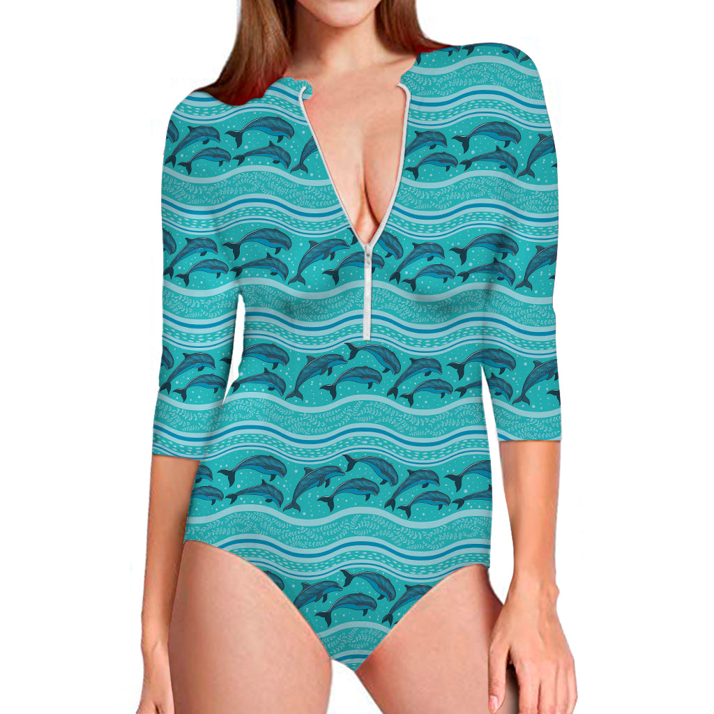 Boho Dolphin Pattern Print Long Sleeve One Piece Swimsuit