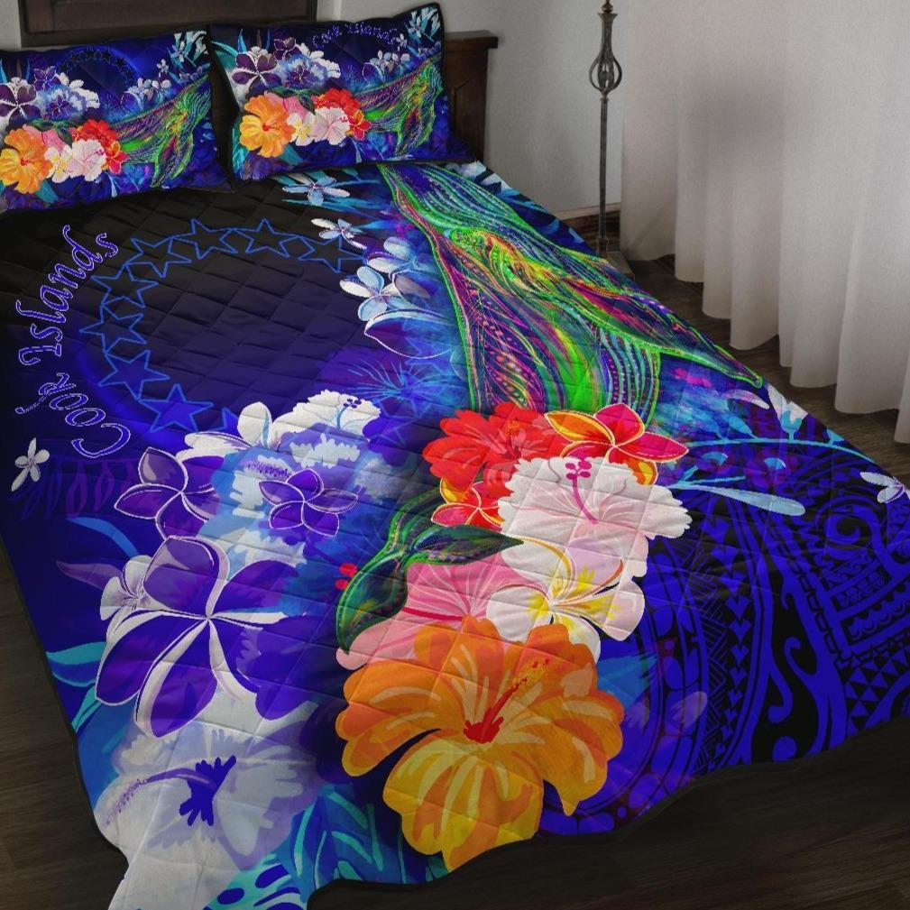 Cook Islands Quilt Bed Set – Humpback Whale With Tropical Flowers (Blue)