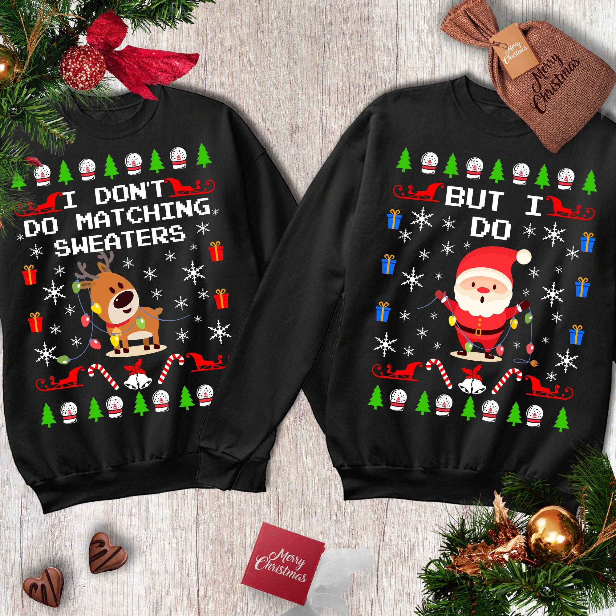 Couple Shirts I Don’T Do Matching Sweaters But I Do Reindeer Santa Claus Matching Couple, Valentine Gifts, Christmas Gift Graphic Unisex T Shirt, Sweatshirt, Hoodie Size S – 5Xl