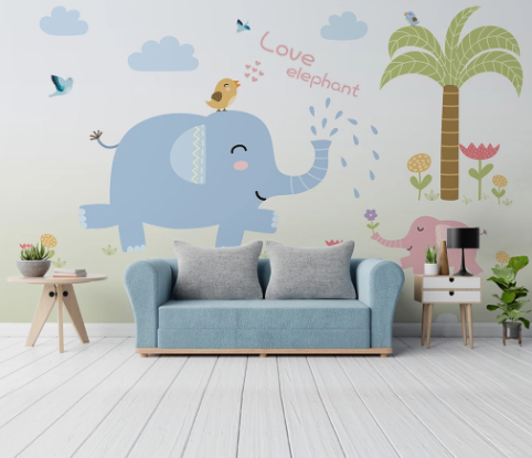 3D Cartoon Animal Elephant Floral Coconut Tree Wall Mural Wallpaper Lqh 16