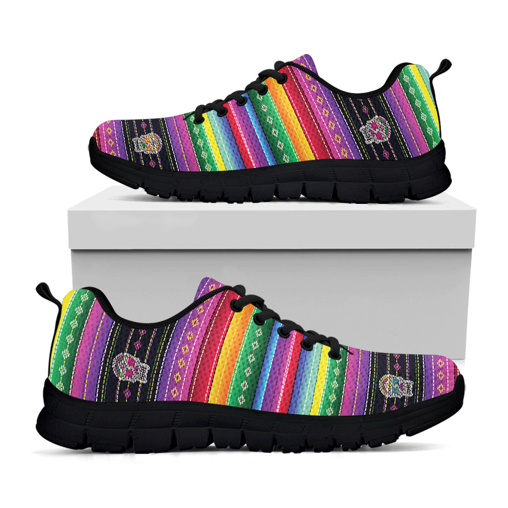 Sugar Skull Mexican Serape Pattern Print Black Sneakers