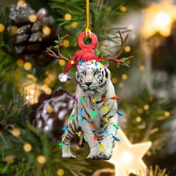 White Tiger Wearing Santa Hat And Reindeer Antlers Christmas Light Shape Ornament