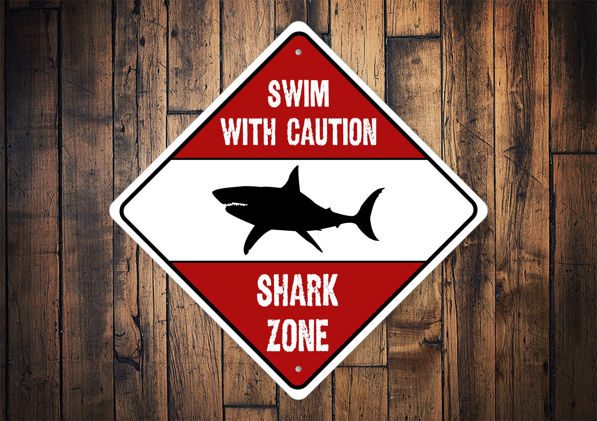 Swim With Caution Sign, Shark Caution Sign, Caution Sign, Beach Decor, Shark Beach Sign, Sign For Sharks, Shark Lovers – Quality Metal Sign