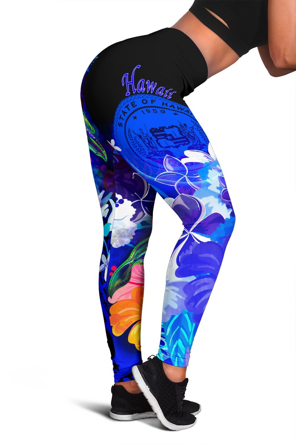 Polynesian Hawaii Women’S Leggings – Humpback Whale With Tropical Flowers (Blue)