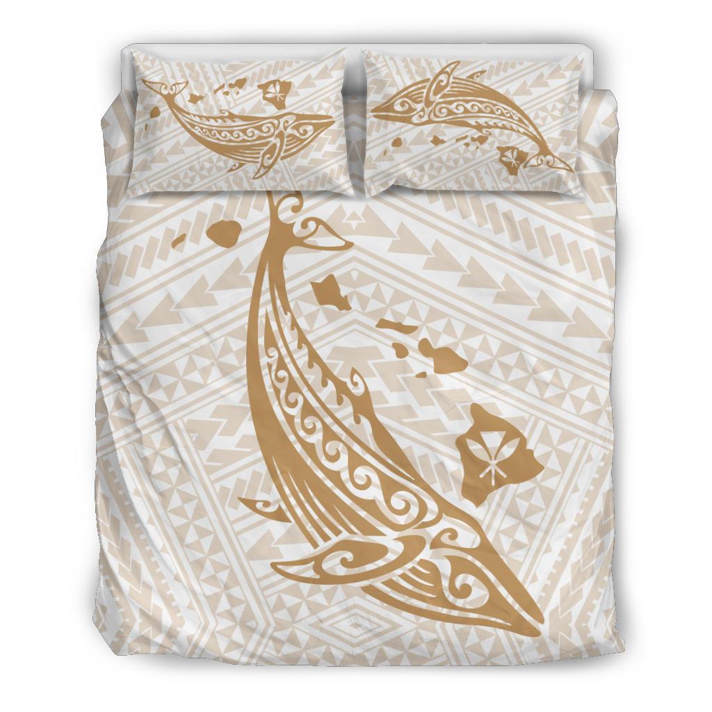 Hawaiian Map Whale Polynesian Bedding Set – White