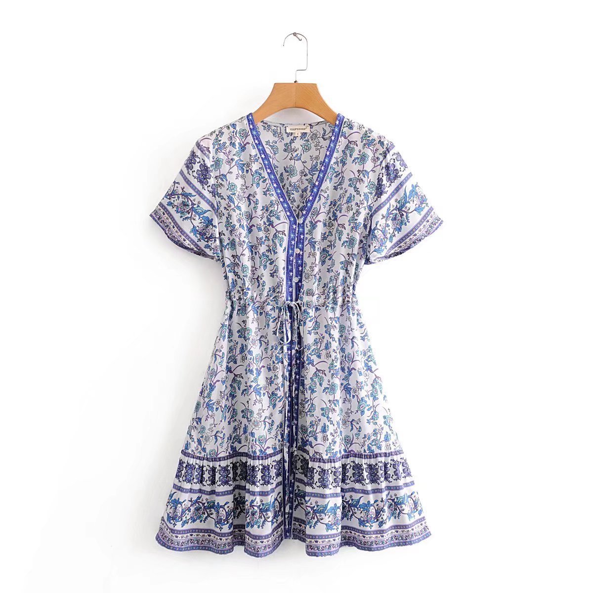 Boho Short Dress 2022 New Floral Print Beach Dresses V Neck Short Sleeve Woman Dress Vestido Feminino Rayon Cotton Dress alx