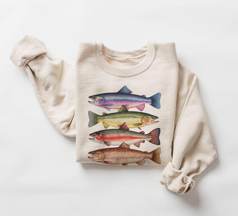 Abstract Colorful Trout In A Row Sweatshirt – River Fish Trout Species Outfit – Fly Fishing Gift – Boho Unisex Crewneck Sweatshirt Womenswear