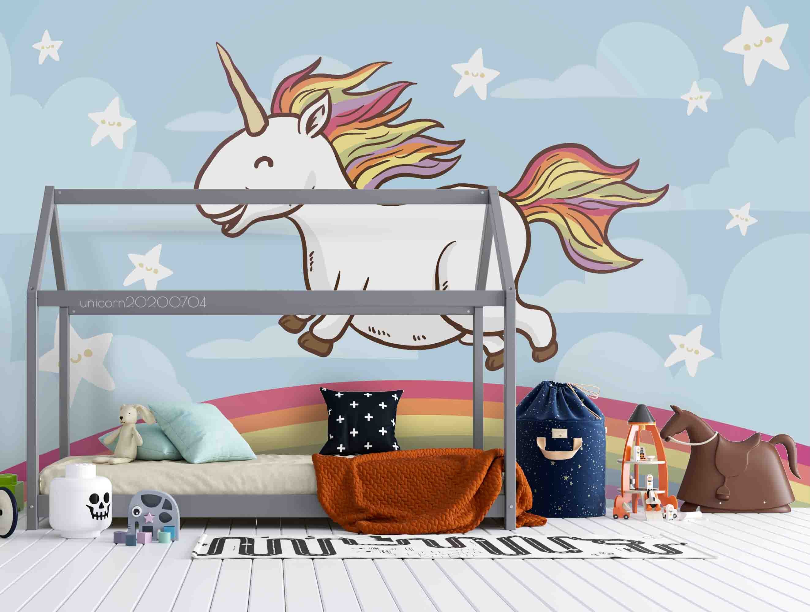 3D Blue Sky Stars Rainbow Unicorn Wall Mural Wallpaper A243 Lqh