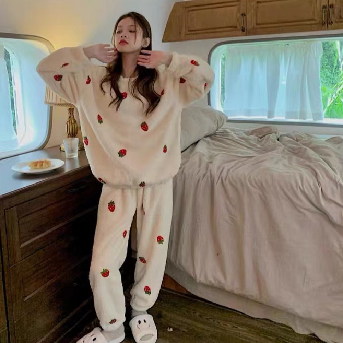 Women Pajama Sets Chic Kawaii Simple Strawberry Korean Style Chic Loose Females Cozy Sweet O-neck Homewear Soft Warm Sleepwear alx