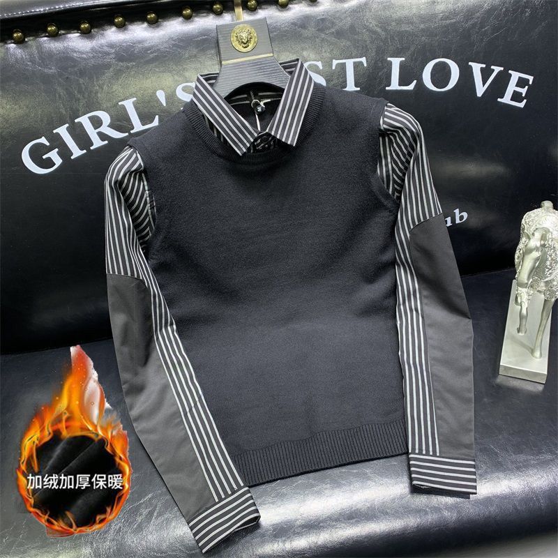 2022 autumn and winter new striped shirt collar fake two-piece sweater men alx