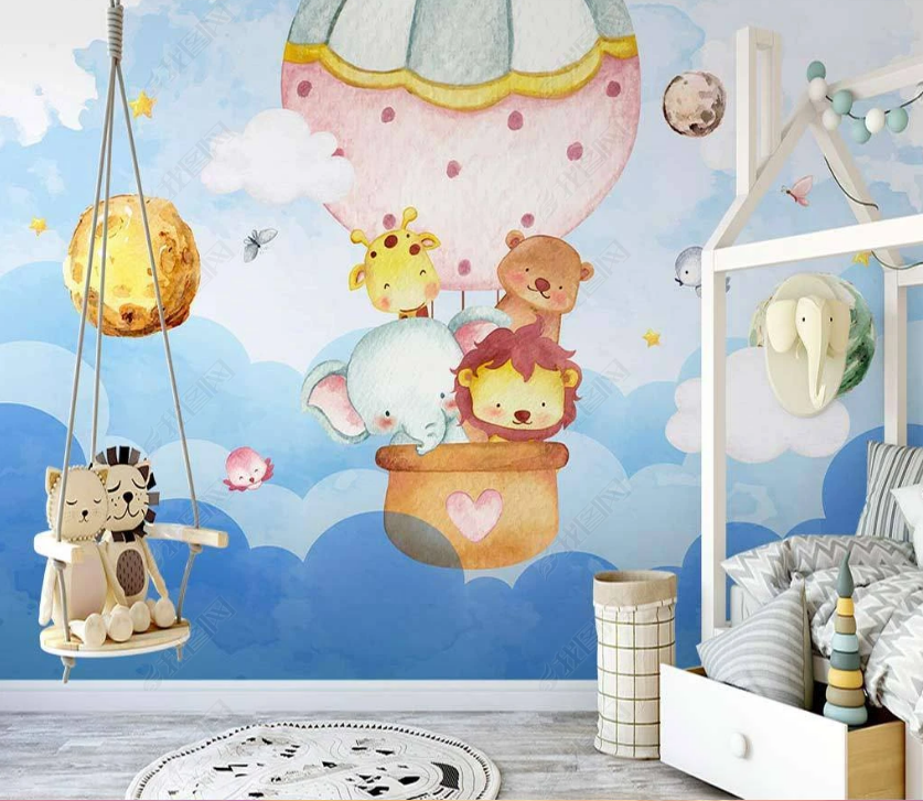 3D Hand-Painted Cartoon Hot Air Balloon Animal Wall Mural Wallpaper Sww3307