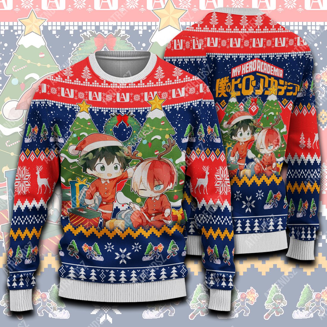 Unifinz My Hero Academia Sweater Todoroki Shouto Midoriya Izuku Christmas Tree Blue Red Ugly Sweater 2022